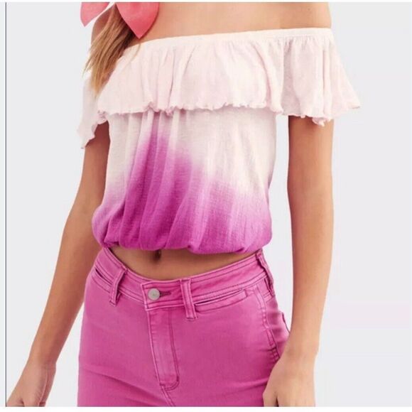 Free People Cora Off The Shoulder Top Womens XS Pink Ombre Peasant Boho 70s FLAW - Picture 12 of 13